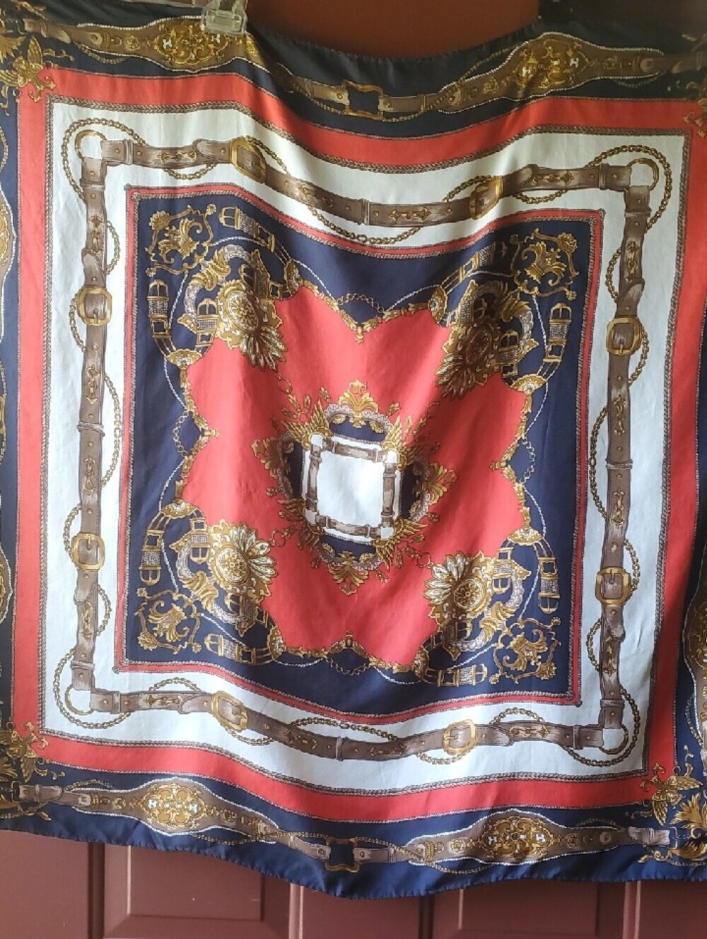 Decorative Equestrian Red and Navy Baroque Silk-Feel Scarf